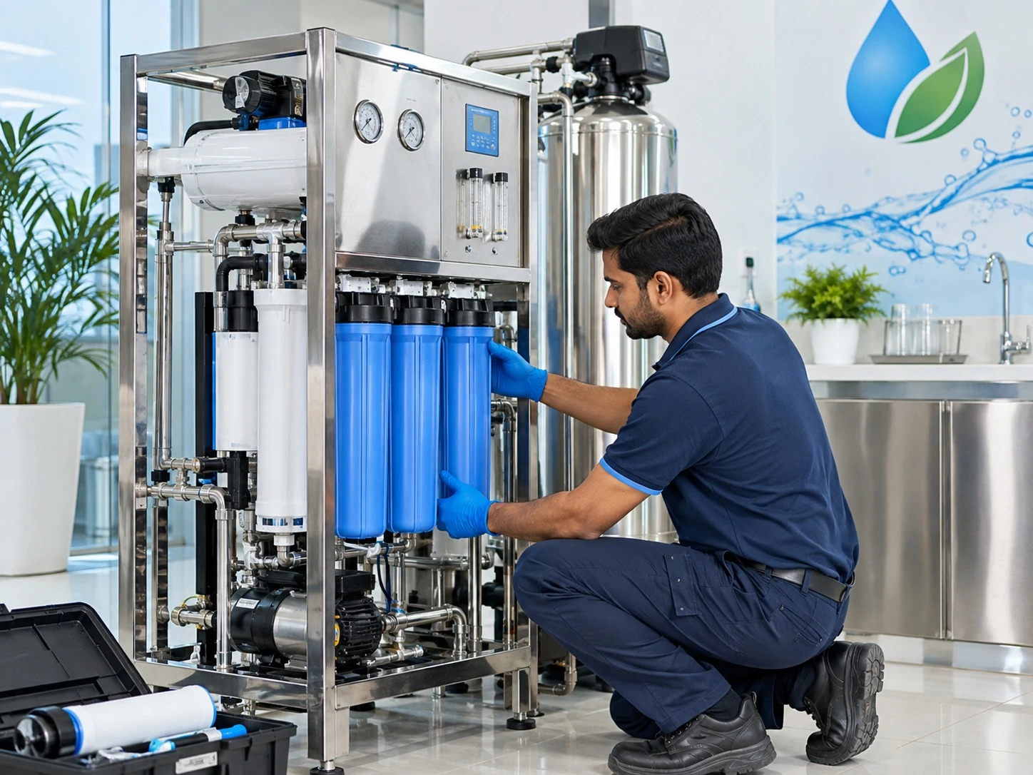 Technician servicing a commercial reverse-osmosis system
