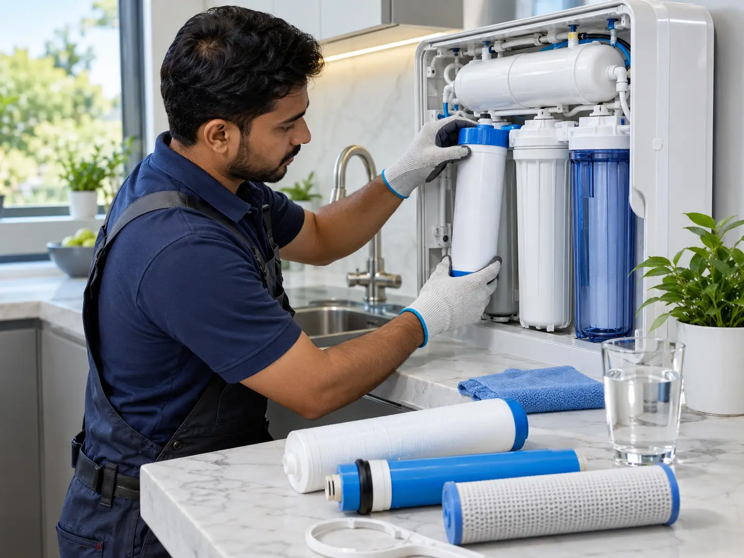 RO filters and membrane cartridges being inspected during maintenance