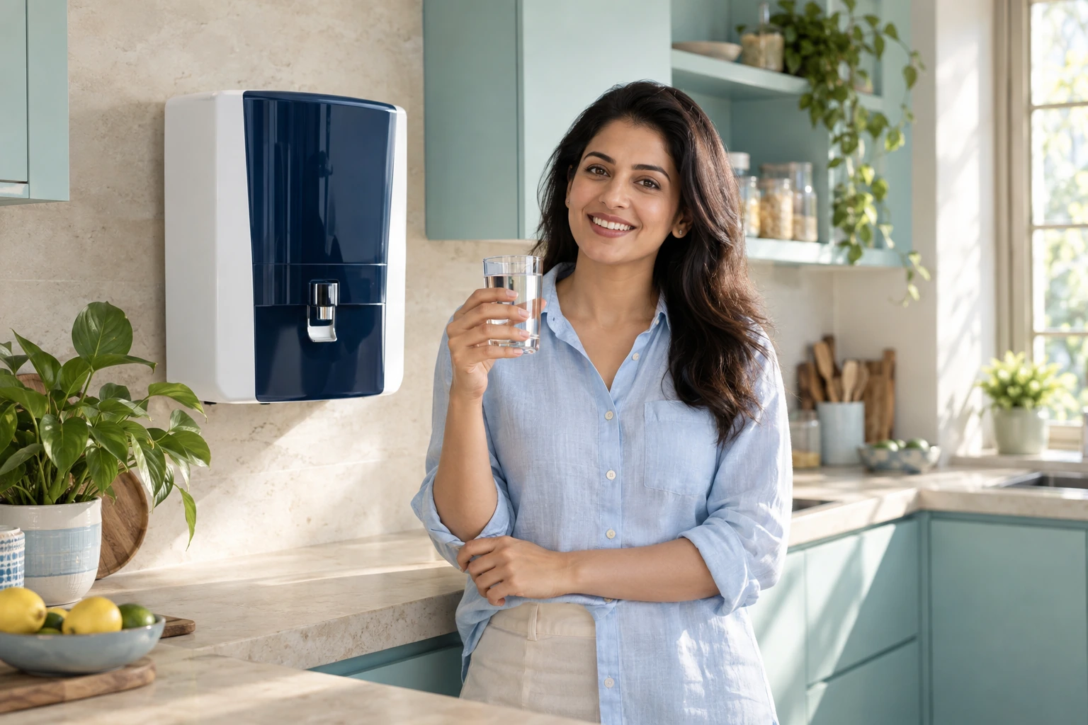 A woman enjoying a glass of water beside a home water purifier in a bright kitchen