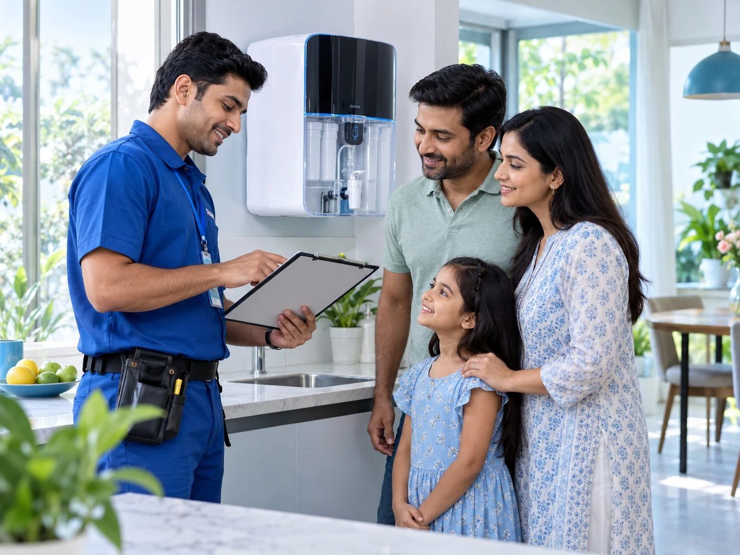 A technician discussing planned purifier maintenance with a family