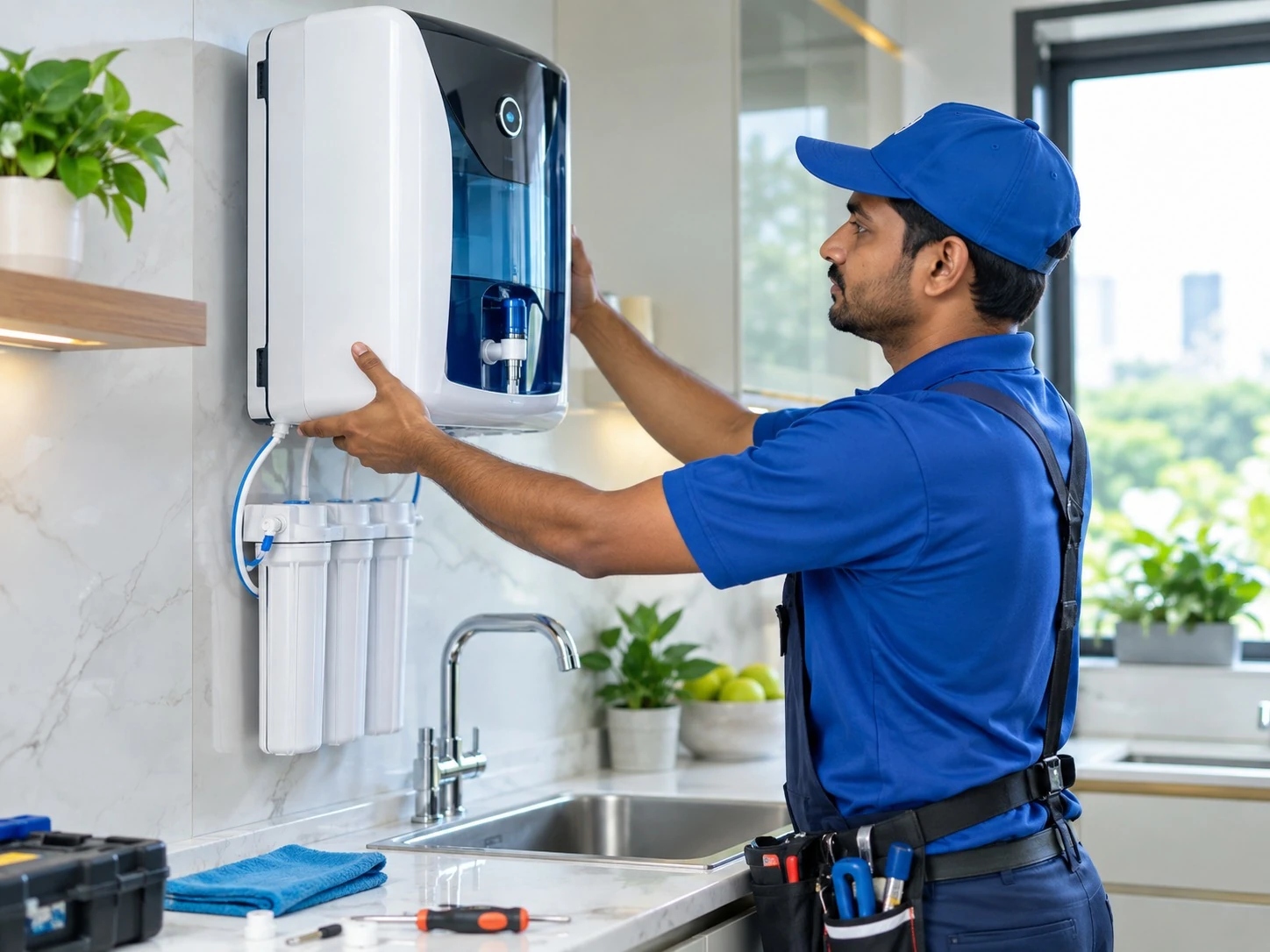 Technician fitting a wall-mounted water purifier in a home kitchen