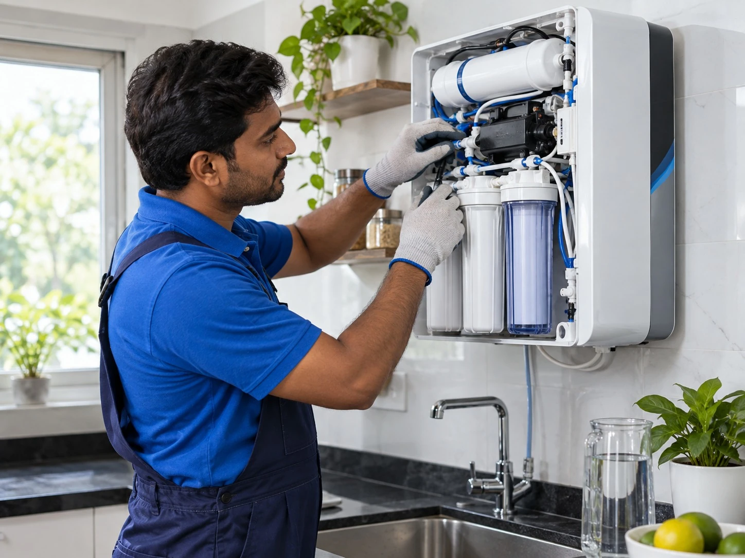 Technician inspecting tubing inside an open RO water purifier