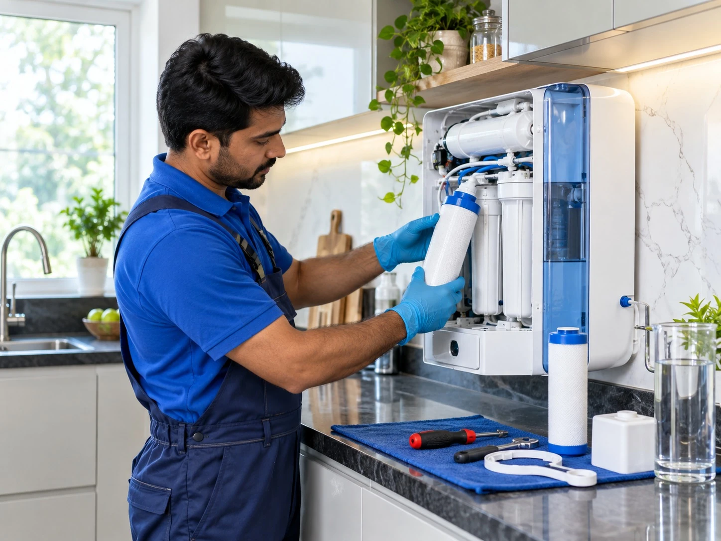 Technician checking the internal filters of a domestic RO purifier