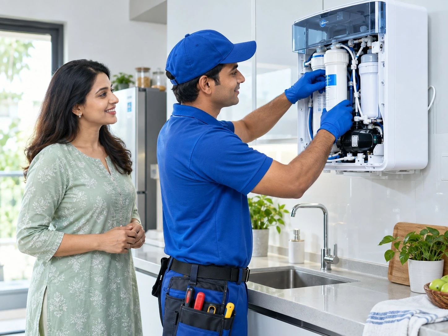 Technician inspecting a water purifier while a customer observes