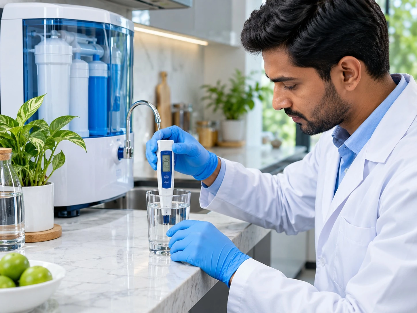 A technician checking a water sample during a purifier performance inspection